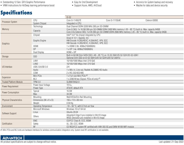 研華EI-52 研華EI-52，邊緣計算系統(tǒng)，支持 Intel 11th gen CPU，可選 Core i5 /i3 /Celeron 處理器，具備豐富擴(kuò)展接口 2 x LAN，2 x COM，6 x USB等，內(nèi)部可以通過 miniPCIe 或 M.2 擴(kuò)展AI加速卡實現(xiàn)工業(yè)AI機(jī)器視覺，搭載5G通訊模塊。