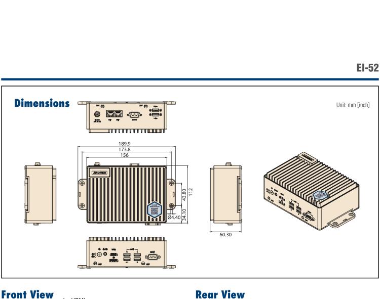 研華EI-52 研華EI-52，邊緣計算系統(tǒng)，支持 Intel 11th gen CPU，可選 Core i5 /i3 /Celeron 處理器，具備豐富擴(kuò)展接口 2 x LAN，2 x COM，6 x USB等，內(nèi)部可以通過 miniPCIe 或 M.2 擴(kuò)展AI加速卡實現(xiàn)工業(yè)AI機(jī)器視覺，搭載5G通訊模塊。