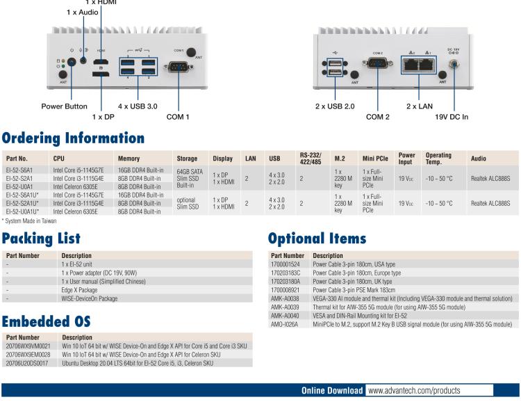研華EI-52 研華EI-52，邊緣計算系統(tǒng)，支持 Intel 11th gen CPU，可選 Core i5 /i3 /Celeron 處理器，具備豐富擴(kuò)展接口 2 x LAN，2 x COM，6 x USB等，內(nèi)部可以通過 miniPCIe 或 M.2 擴(kuò)展AI加速卡實現(xiàn)工業(yè)AI機(jī)器視覺，搭載5G通訊模塊。