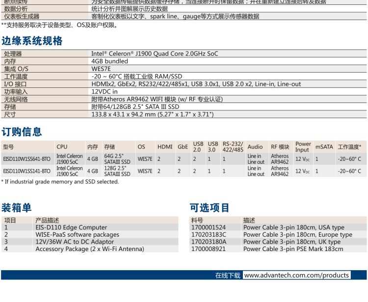 研華EIS-D110 研華EIS-D110，邊緣計(jì)算系統(tǒng)網(wǎng)關(guān)，Intel Celeron J1900 Quad Core 2.0 GHz SoC，最高支持 8 GB內(nèi)存，低功耗邊緣智能設(shè)備，具備豐富擴(kuò)展接口 2 x LAN，1 x COM，3 x USB，2 x HDMI等，搭配 Wifi 或 4G 模塊。