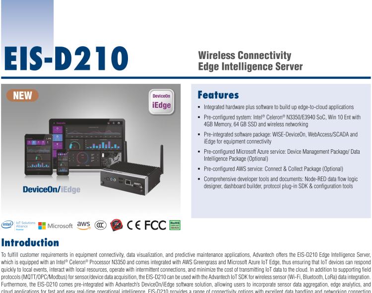 研華EIS-D210 研華EIS-D210，邊緣計(jì)算系統(tǒng)網(wǎng)關(guān)，Intel Celeron N3350 Dual Core SoC，最高支持 8 GB內(nèi)存，低功耗邊緣智能設(shè)備，具備豐富擴(kuò)展接口 2 x LAN，2 x COM，4 x USB，1 x VGA等，搭配 Wifi 或 4G 模塊，可以實(shí)現(xiàn)無(wú)線數(shù)據(jù)傳輸，體積非常小