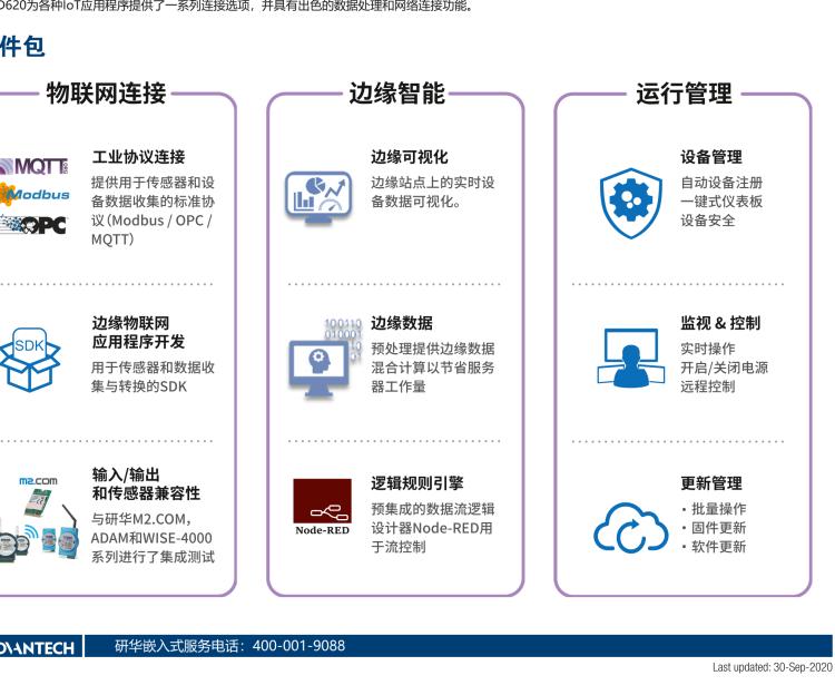 研華EIS-D620 研華EIS-D620，邊緣計算系統(tǒng)網(wǎng)關(guān)，基于Rockchip RK3399處理器，板載2GB內(nèi)存，16GB eMMC 存儲，低功耗邊緣智能設(shè)備，具備豐富擴展接口 2 x LAN，1 x COM，1 x USB，2 x HDMI等，體積非常小巧，適用于邊緣設(shè)備控制及數(shù)據(jù)采集等應(yīng)用場景。