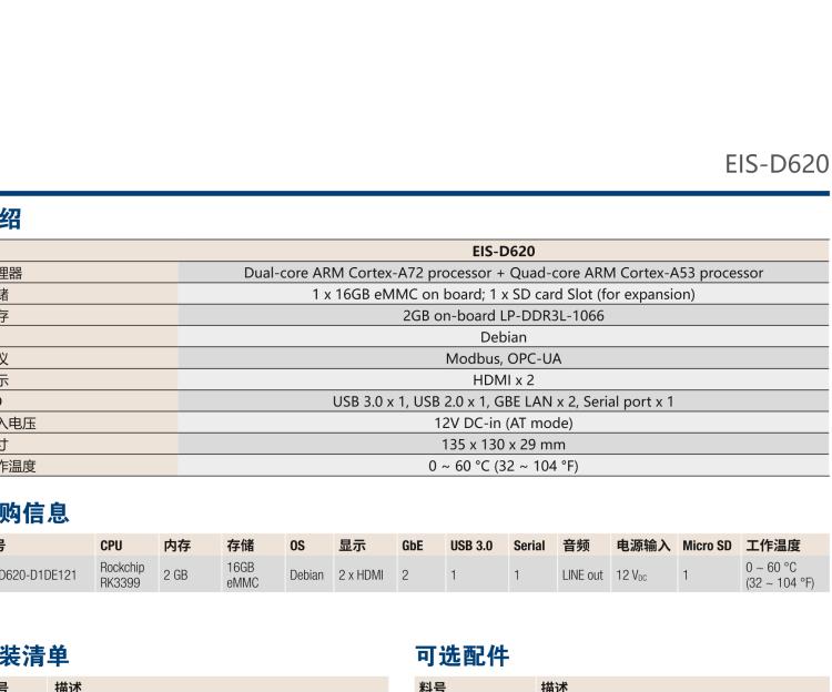 研華EIS-D620 研華EIS-D620，邊緣計算系統(tǒng)網(wǎng)關(guān)，基于Rockchip RK3399處理器，板載2GB內(nèi)存，16GB eMMC 存儲，低功耗邊緣智能設(shè)備，具備豐富擴展接口 2 x LAN，1 x COM，1 x USB，2 x HDMI等，體積非常小巧，適用于邊緣設(shè)備控制及數(shù)據(jù)采集等應(yīng)用場景。