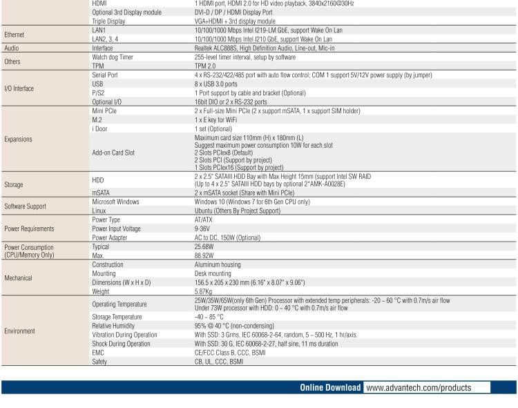 研華EIS-S230 研華 EIS-S230，邊緣計算系統(tǒng)服務器，支持Intel 第六代、第七代處理器，可選i3/i5/i7 Xeon CPU，DDR4 最高32GB，最多可支持4 x 2.5寸硬盤，具備豐富擴展接口 4 x LAN，4 x COM，8 x USB，2 x PCIE。產(chǎn)品生命周期長，穩(wěn)定可靠。