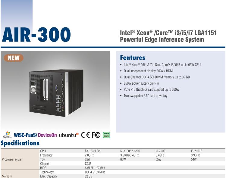 研華AIR-300 支持Intel Xeon / 6/7代Core?i3/i5/i7處理器，AI計算平臺，可擴展 PCIe x16 GPU全尺寸卡