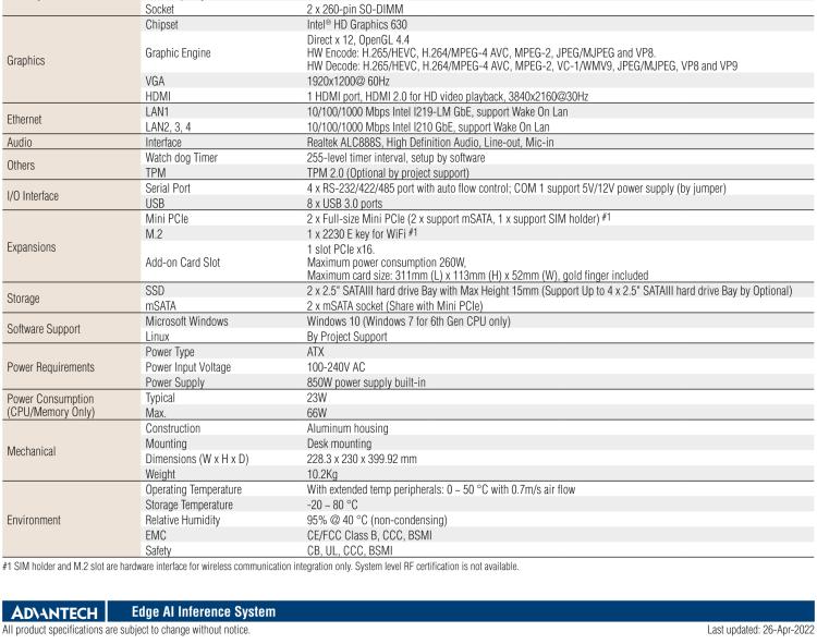 研華AIR-300 支持Intel Xeon / 6/7代Core?i3/i5/i7處理器，AI計算平臺，可擴展 PCIe x16 GPU全尺寸卡