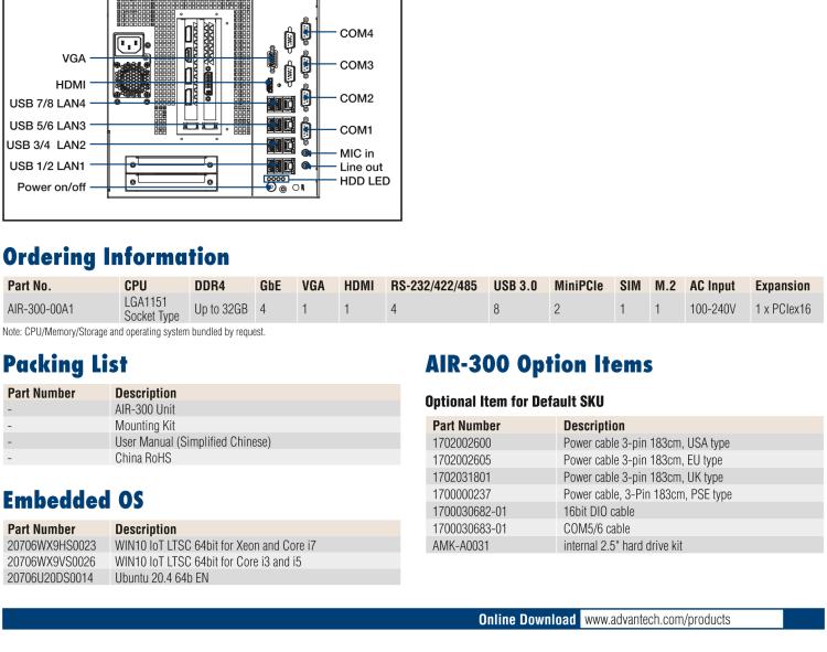 研華AIR-300 支持Intel Xeon / 6/7代Core?i3/i5/i7處理器，AI計算平臺，可擴展 PCIe x16 GPU全尺寸卡