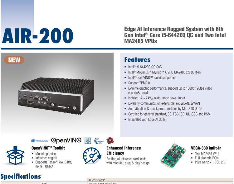 研華AIR-200 基于Intel Core i5-6442EQ處理器，AI計算平臺，內(nèi)置Myriad X VPU * 2