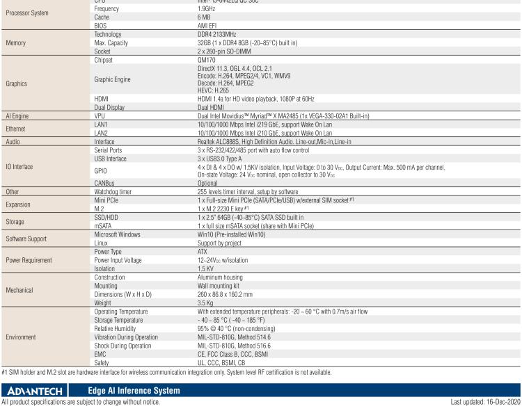 研華AIR-200 基于Intel Core i5-6442EQ處理器，AI計算平臺，內(nèi)置Myriad X VPU * 2