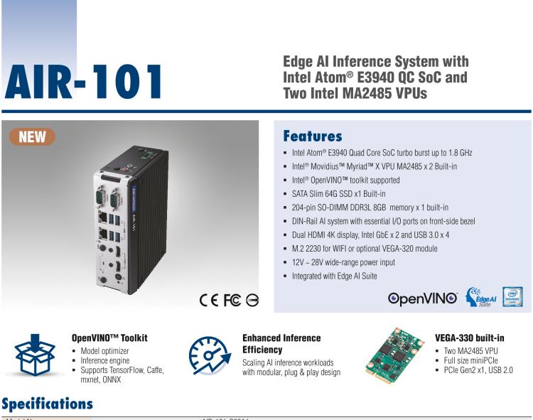 研華AIR-101 基于Intel Atom E3940處理器，AI計算平臺，內(nèi)置Myriad X VPU * 2