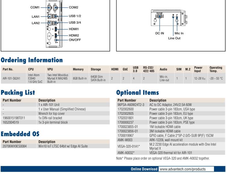 研華AIR-101 基于Intel Atom E3940處理器，AI計算平臺，內(nèi)置Myriad X VPU * 2