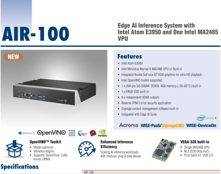 研華AIR-100 基于Intel Atom E3950處理器，AI計(jì)算平臺(tái)，內(nèi)置Myriad X VPU * 1