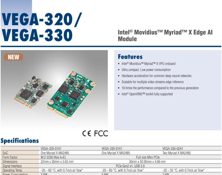 研華VEGA-330 基于Intel Movidius? Myriad? X VPU，miniPCIe Edge AI 模塊，VPU*2