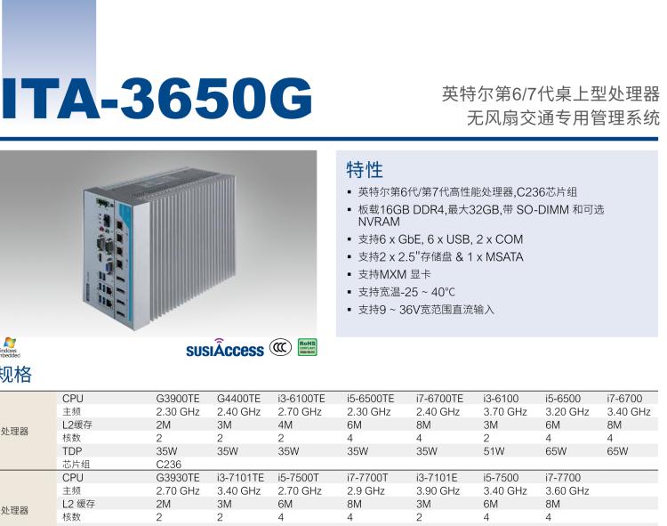 研華ITA-3650G 英特爾第六代和第七代臺(tái)式機(jī)無(wú)風(fēng)扇系統(tǒng)，具有GPU模組，用于交通行業(yè)