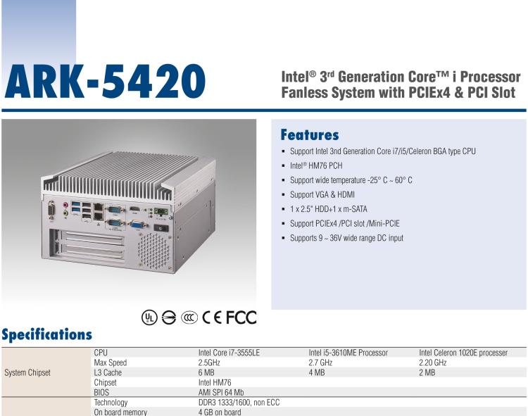 研華ARK-5420 Intel? 第三代 Core? i 處理器無風(fēng)扇嵌入式工控機(jī)，支持 PCIEx4 & PCI