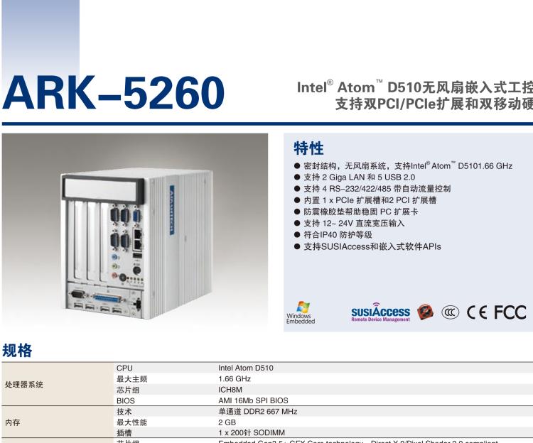 研華ARK-5260 Intel?Atom?D510無(wú)風(fēng)扇嵌入式工控機(jī)，支持雙PCI/PCIe擴(kuò)展和雙移動(dòng)硬盤(pán)