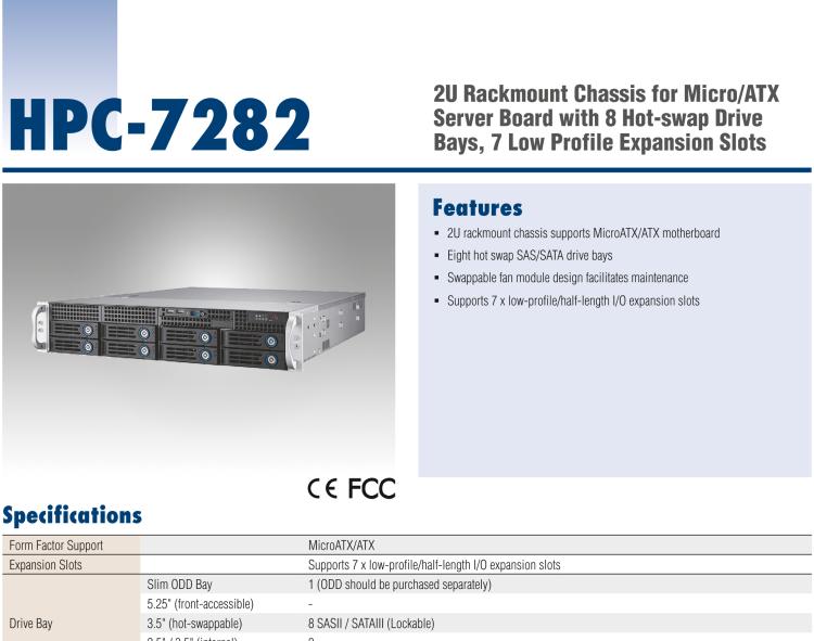 研華HPC-7282 2U 機(jī)架式機(jī)箱，適用于 Micro/ATX 服務(wù)器主板，支持8個(gè)2.5寸/3.5寸熱插拔硬盤(pán)，7個(gè)半高擴(kuò)展槽