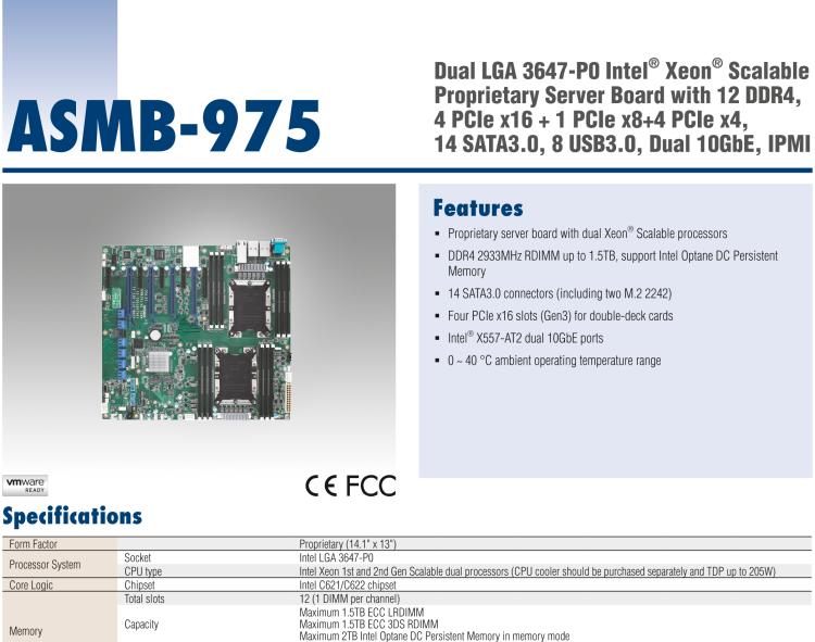 研華ASMB-975 雙路LGA3647-P0 Intel? Xeon? Scalable 服務(wù)器主板，帶12個(gè) DDR4, 4個(gè) PCIe x16 + 1個(gè) PCIe x8 + 4 個(gè)PCIx4, 14 個(gè) SATA3, 8 個(gè)USB3.0, Dual 10GbE, IPMI