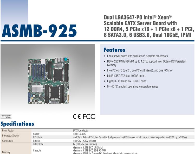 研華ASMB-925 雙路 LGA3647-P0 Intel? Xeon? Scalable EATX 服務(wù)器主板，帶12個 DDR4，5個 PCIe x16 + 1個 PCIe x8 + 1 個PCI, 8個 SATA3, 6 個USB3.0, Dual 10GbE, IPMI