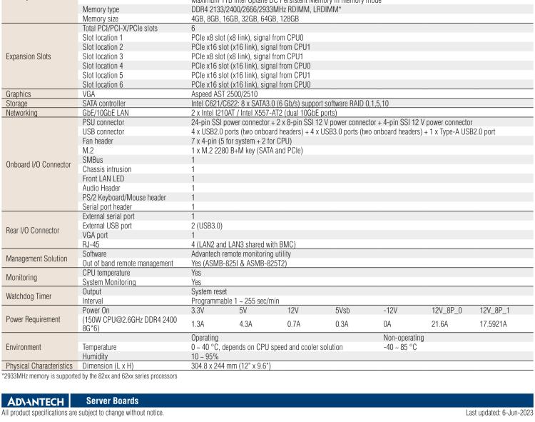 研華ASMB-825 雙路LGA 3647-P0 Intel? Xeon? Scalable ATX 服務(wù)器主板，帶6 個DDR4, 4 PCIe x16 和 2 個 PCIe x8, 8 個SATA3, 6 個USB3.0, Dual 10GbE, IPMI