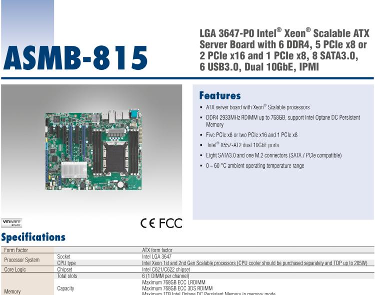 研華ASMB-815 單路LGA 3647-P0 Intel? Xeon? Scalable ATX 服務器主板，帶 6 個DDR4, 5 個PCIe x8 或者 2 個PCIe x16 和 1個 PCIe x8, 8 個SATA3, 6 個USB3.0, Dual 10GbE, IPMI