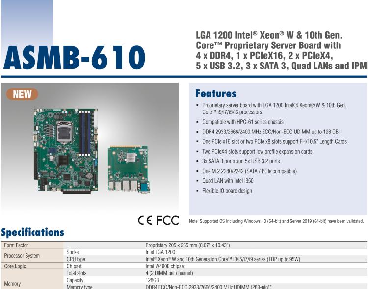 研華ASMB-610 LGA 1200 Intel? Xeon? W & 第十代 Core?專用服務(wù)器主板，帶4 x DDR4, 1 x PCIeX16, 2 x PCIeX4, 5 x USB 3.2, 3 x SATA 3, Quad LANs and和 IPMI
