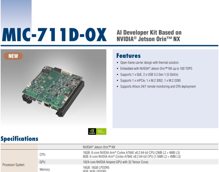 研華MIC-711D-OX MIC-711D-OX 是一款基于英偉達Jetson Orin NX 的 AI 開發(fā)套件，含有多個 I/O 接口，使客戶可以靈活開發(fā)新項目。