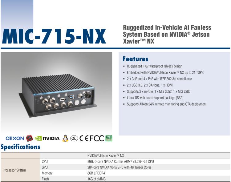 研華MIC-715 加固型AI 推理平臺，基于英偉達(dá)Jetson? Xavier NX，IP67防護(hù)等級