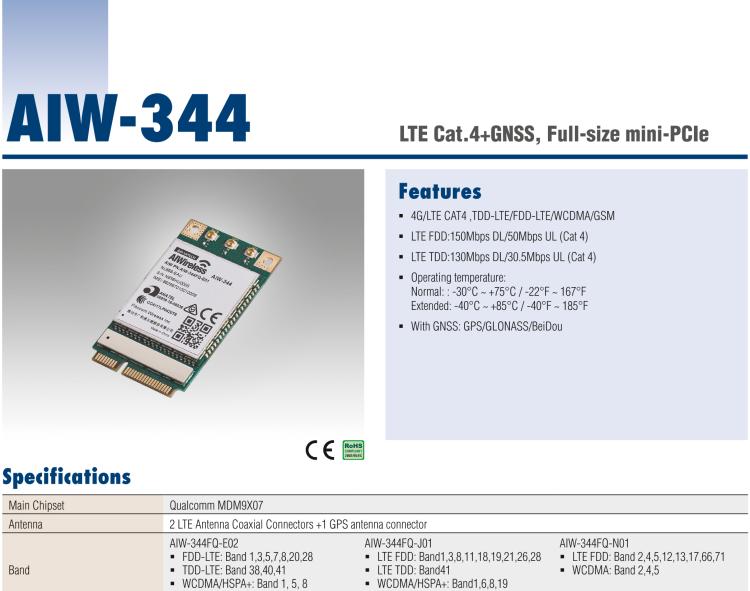 研華AIW-344 4G LTE CAT4：TDD LTE/FDD LTE/WCDMA/GSM和GPS。
