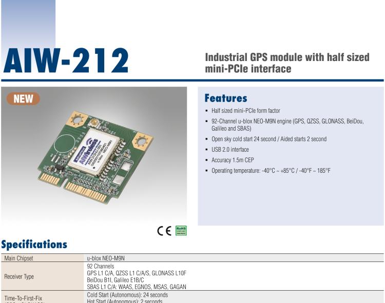 研華AIW-212 工業(yè)級(jí) GNSS（GPS、GLONASS、BeiDou、Galileo、QZSS和SBAS）模塊，半尺寸 mini-PCIe 規(guī)格。