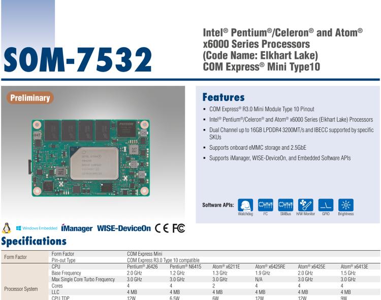 研華SOM-7532 Intel Pentium/Celeron 和 Atom x6000 系列 (Elkhart Lake) 處理器， COM Express Mini Type 10 模塊