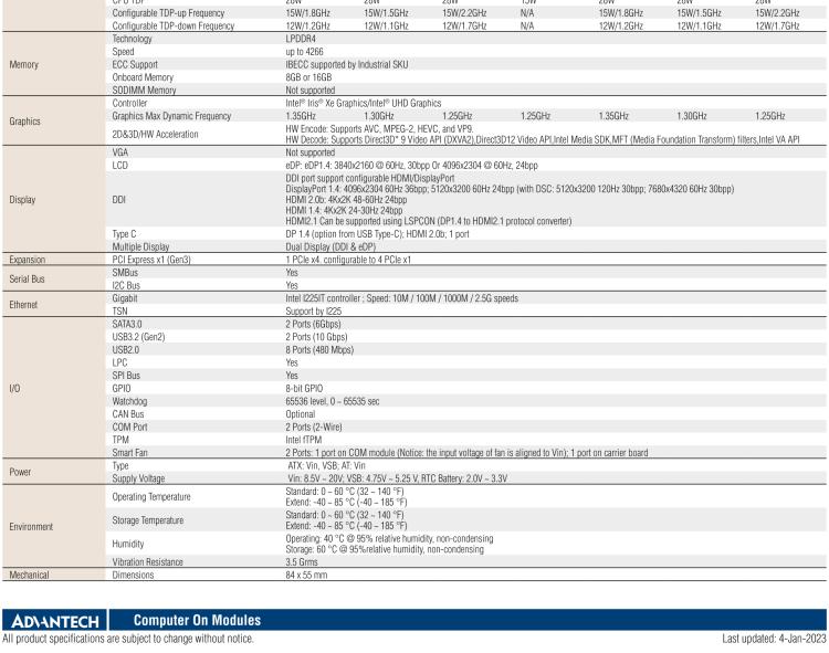 研華SOM-7583 第十一代 Intel? Core U系列處理器，COM Express Mini Type 10 模塊