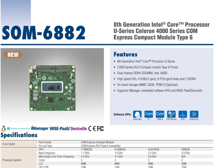 研華SOM-6882 第八代 Intel?Core 處理器，COM Express Compact R3.0 Type 6 模塊