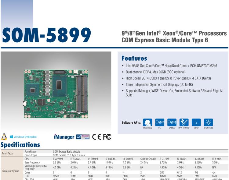 研華SOM-5899 第八代Intel Xeon/Core 處理器， COM Express Basic Type 6 模塊