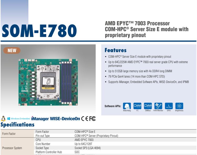 研華SOM-E780 AMD EPYC? 7003 COM-HPC? Server Size E 模塊，具有專有引腳