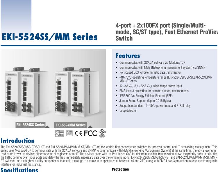 研華EKI-5524SSI-ST 2光4電百兆ProView(組態(tài))系列工業(yè)以太網(wǎng)交換機(jī)(包含單模/多模、SC/ST接口)