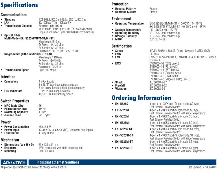 研華EKI-5525SI 1光4電百兆ProView(組態(tài))系列工業(yè)以太網(wǎng)交換機(jī)（包含單模/多模、SC/ST接口）