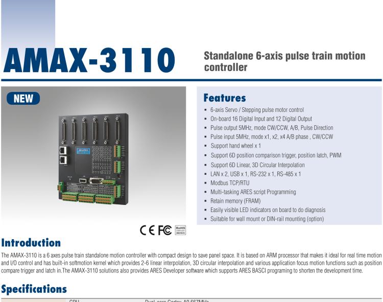 研華AMAX-3110 AMAX-3110是一個(gè)6軸脈沖序列獨(dú)立式運(yùn)動(dòng)控制器，一體化精巧的設(shè)計(jì)，節(jié)省空間
