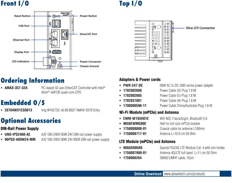 研華AMAX-357 超微型EtherCAT運(yùn)動(dòng)控制器，基于PC架構(gòu)開發(fā)，配置了Intel Atom處理器，具有64GB eMMC、2 x LAN、2 x USB和Slice IO擴(kuò)展