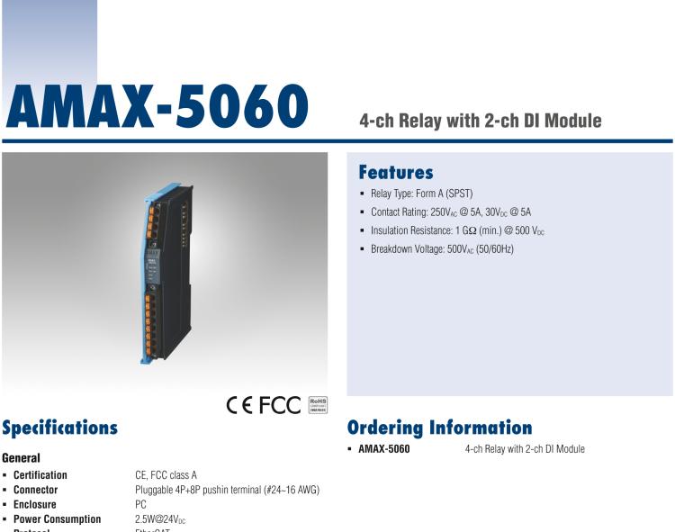 研華AMAX-5060 4路繼電器輸出與2路數(shù)字量輸入模塊 ，DC/AC 5A 帶載（插片式）