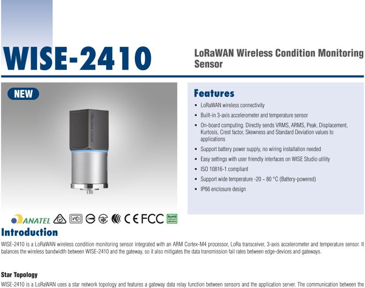 研華WISE-2410 WISE-2410是LoRaWA N無線振動溫度監(jiān)控傳感器，電池使用周期為2年。