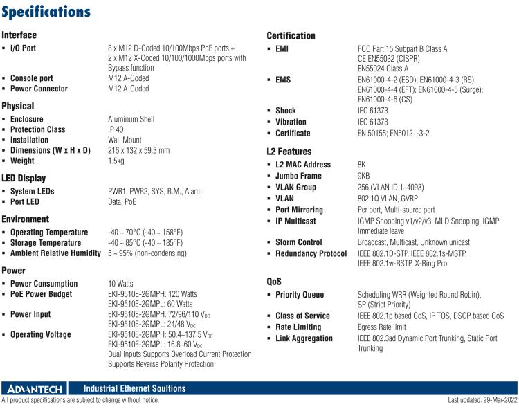 研華EKI-9510E-2GMPH 10個(gè)百兆M12 POE端口網(wǎng)管EN50155交換機(jī)， 支持72/96/110 VDC供電