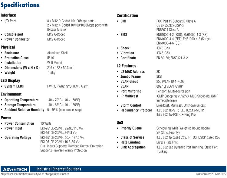 研華EKI-9510E-2GML 10個(gè)百兆M12端口網(wǎng)管型EN50155交換機(jī)， 支持24/48 VDC供電