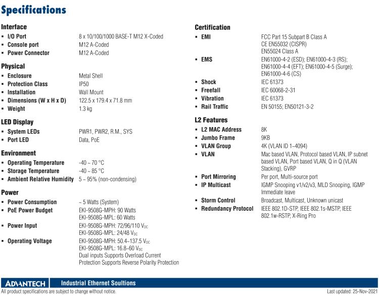 研華EKI-9508G-MPH 8個千兆M12 POE端口非網(wǎng)管EN50155交換機， 支持72/96/110 VDC供電