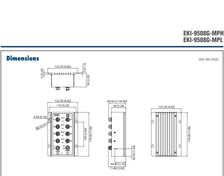 研華EKI-9508G-MPL 8個(gè)千兆M12 POE端口非網(wǎng)管EN50155交換機(jī)， 支持24/48 VDC供電