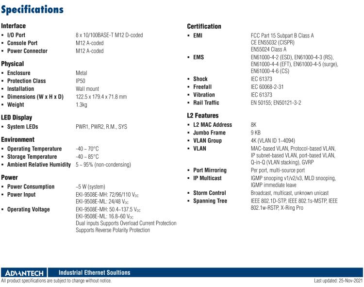 研華EKI-9508E-ML 8個(gè)百兆M12端口非網(wǎng)管EN50155交換機(jī)， 支持24/48 VDC電