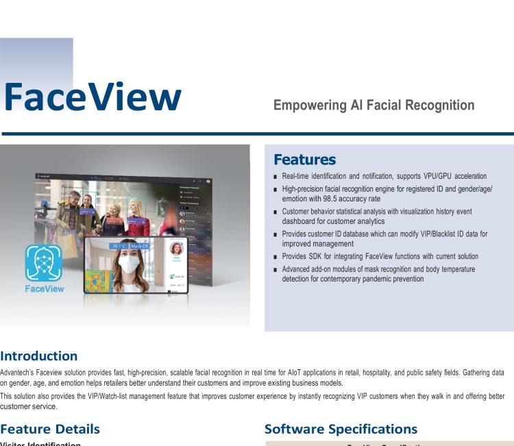 研華FaceView 研華 DeviceOn.FaceView是基于研華 IoT 設(shè)備的人臉識別軟件，支持性別、年齡、情感的數(shù)據(jù)收集，支持VPU/GPU加速。FaceView軟件在最新版本中正確識別率提升到了99.7%，可以支持遮擋檢測，也就是是否正確佩戴口罩，再搭配專業(yè)測溫?cái)z像頭情況下，可以實(shí)現(xiàn)測量體溫。