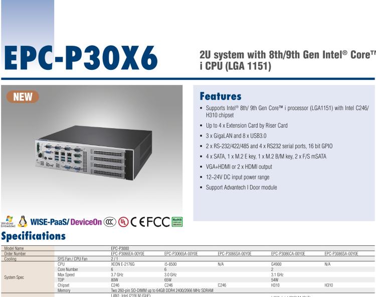 研華EPC-P3086 適配Intel? 第8/9代 Core i 系列處理器，搭載H310芯片組。2U高度，支持全長PCIe x16擴(kuò)展卡。接口豐富，性能強(qiáng)勁。