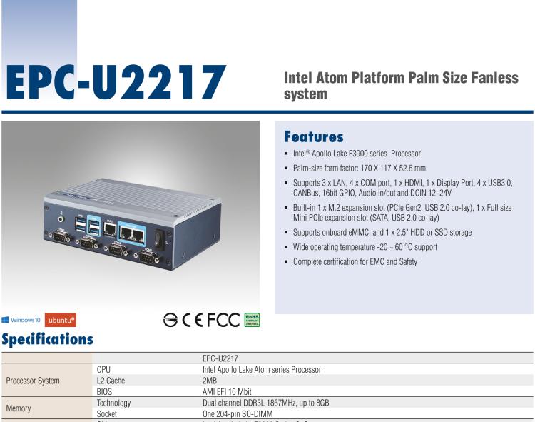 研華EPC-U2217 Intel Atom第六代Apollo Lake無風(fēng)扇嵌入式工控機(jī)，3LAN，板載eMMC，CANBUS