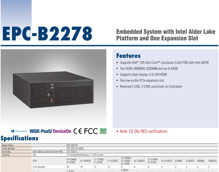 研華EPC-B2278 適配Intel 第12代 Core i 系列處理器，搭載Q670E芯片組。2U高度，精簡(jiǎn)尺寸，性能強(qiáng)勁，是小尺寸高性能場(chǎng)景的理想解決方案。